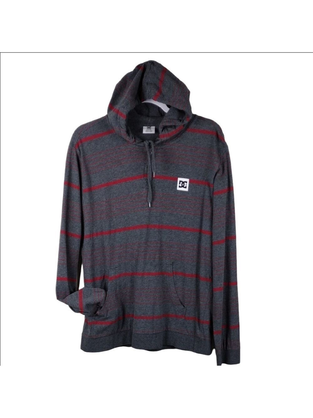 DC Gray Red Striped Long Sleeve Pullover Drawstring Hood Lightweight Shirt